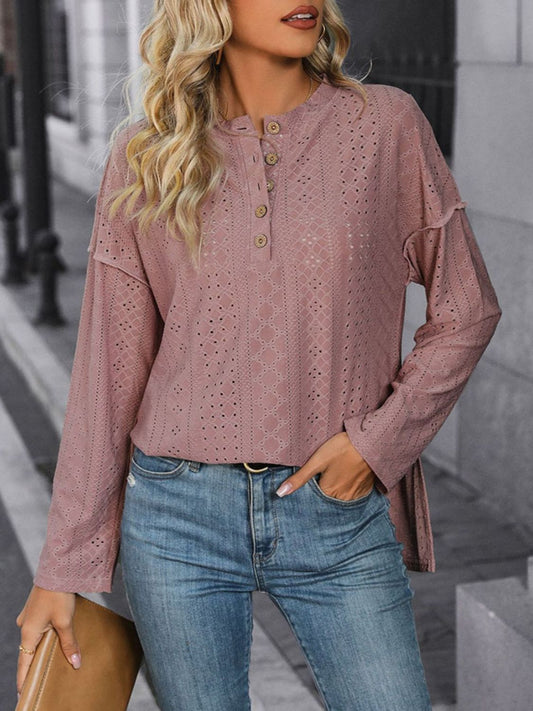 Perfee Eyelet Round Neck Long Sleeve Top