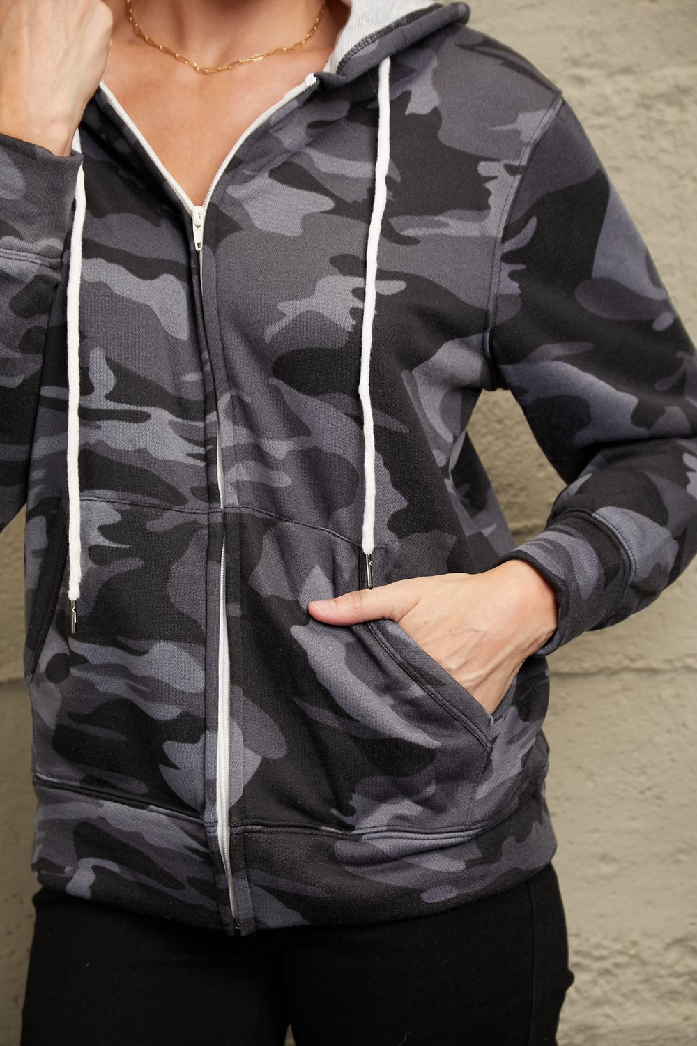 Double Take Camouflage Drawstring Detail Zip Up Hooded Jacket