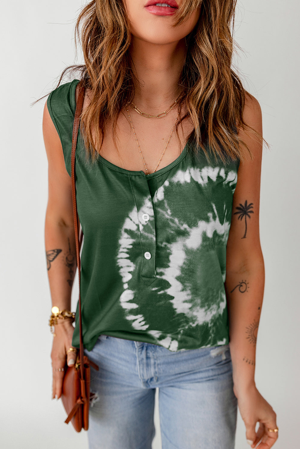 Tie-Dye Scoop Neck Henley Tank