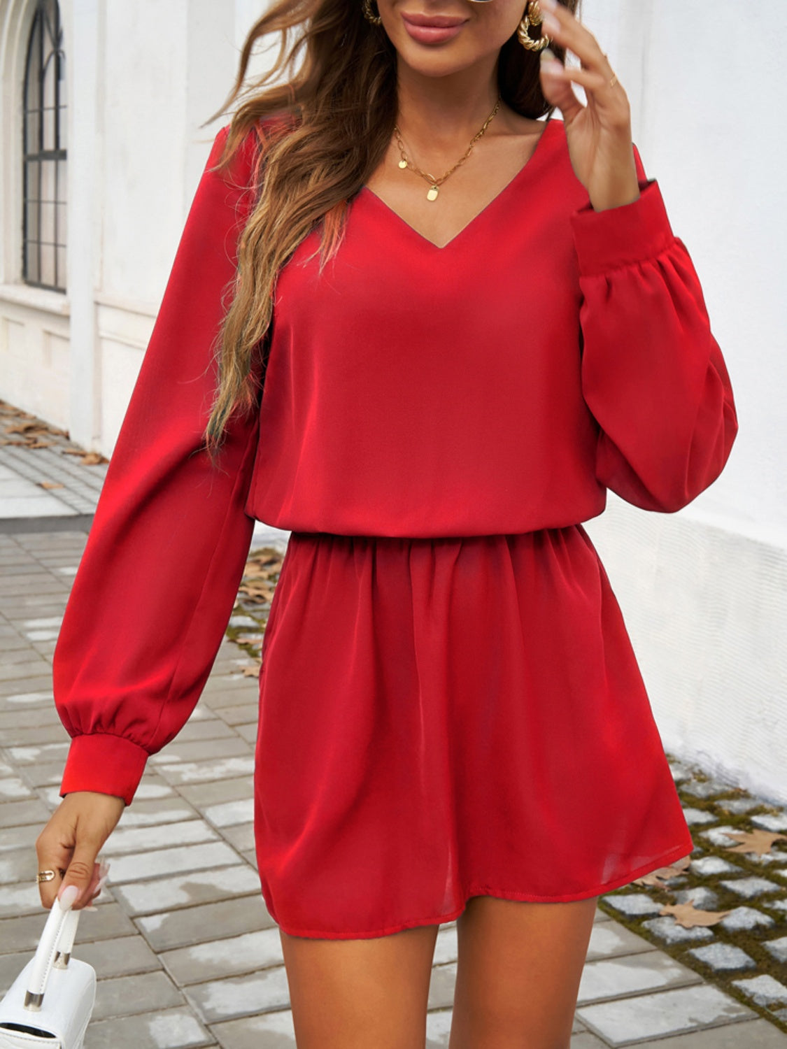 Cutout V-Neck Long Sleeve Mini Dress