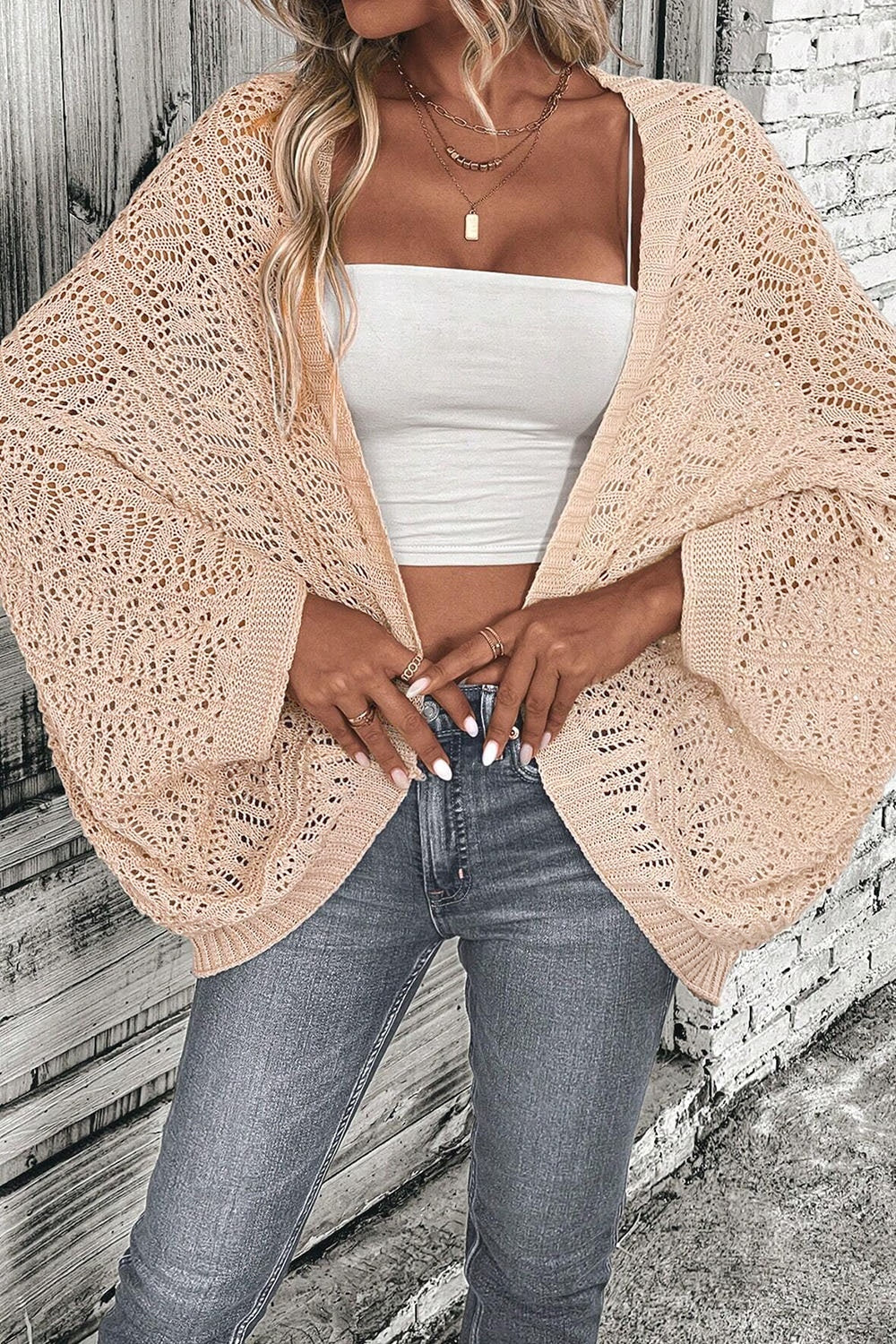 Openwork Open Front Long Sleeve Cardigan