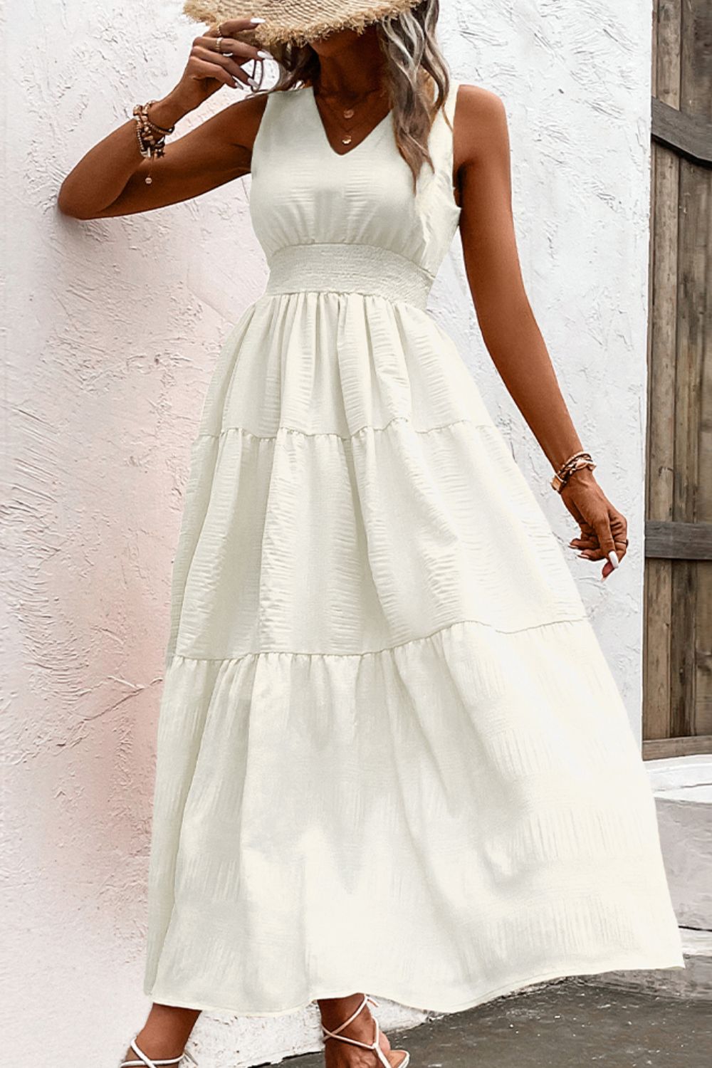 V-Neck Smocked Waist Sleeveless Tiered Dress