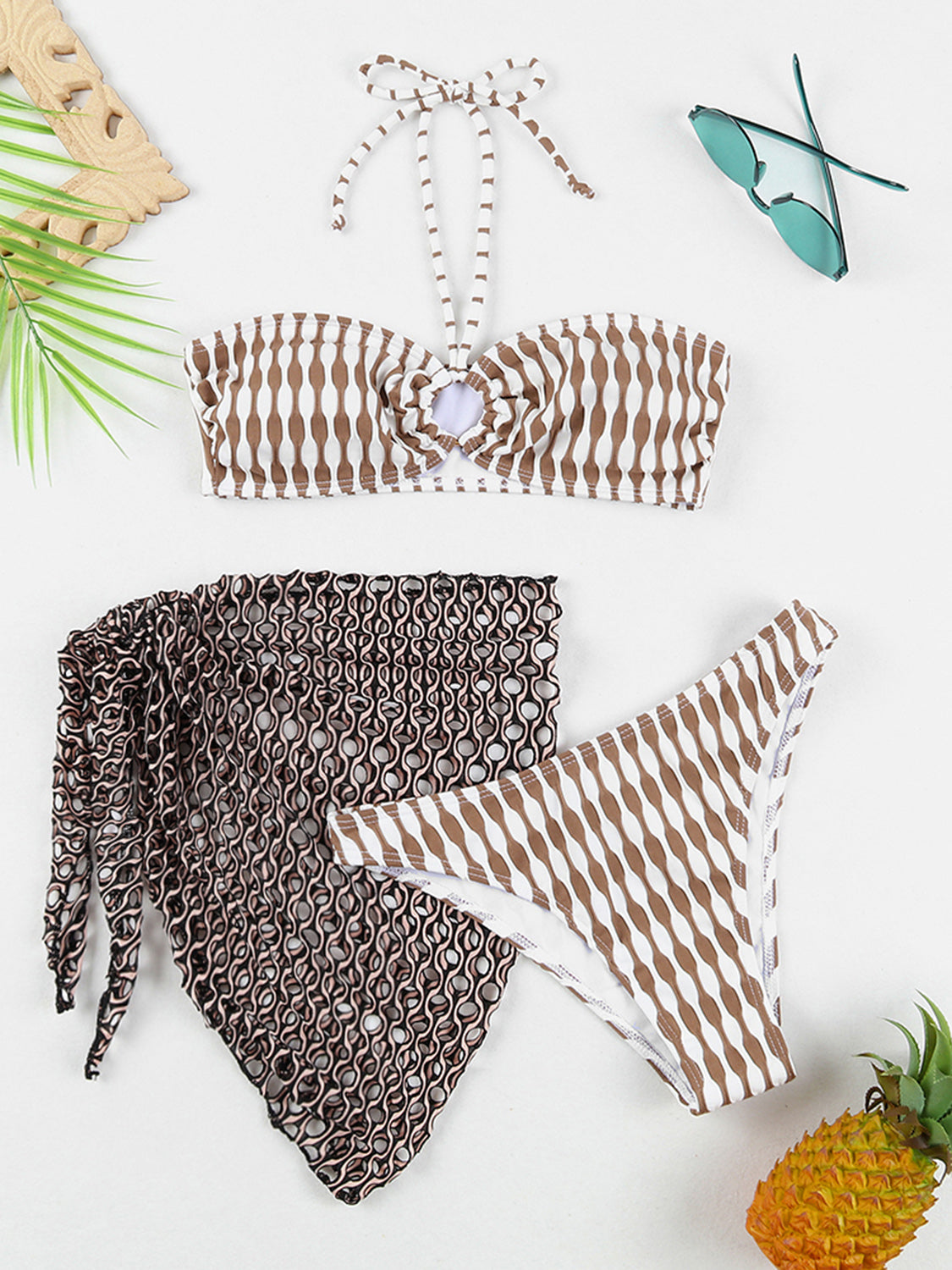 Geometric Halter Neck Three-Piece Swim Set