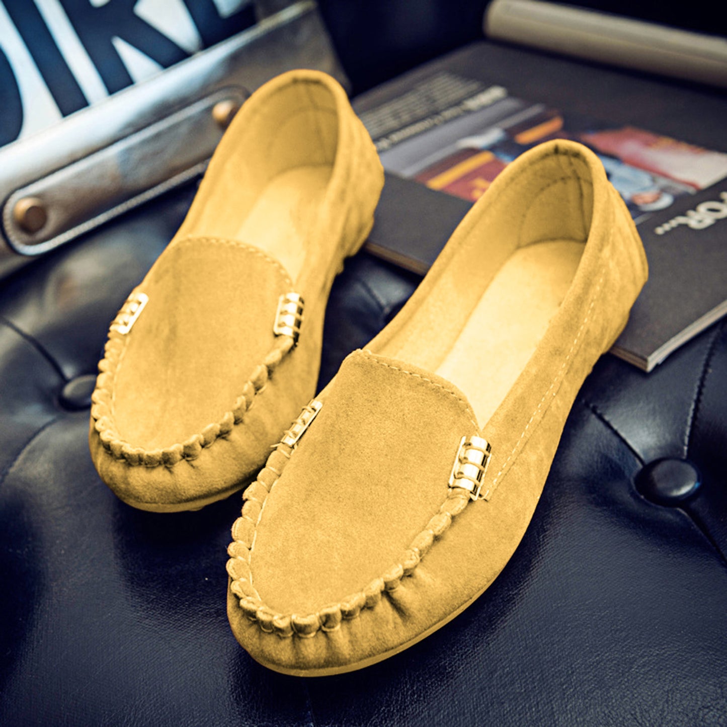 Suede Metal Decor Stitch Detail Flat Loafers