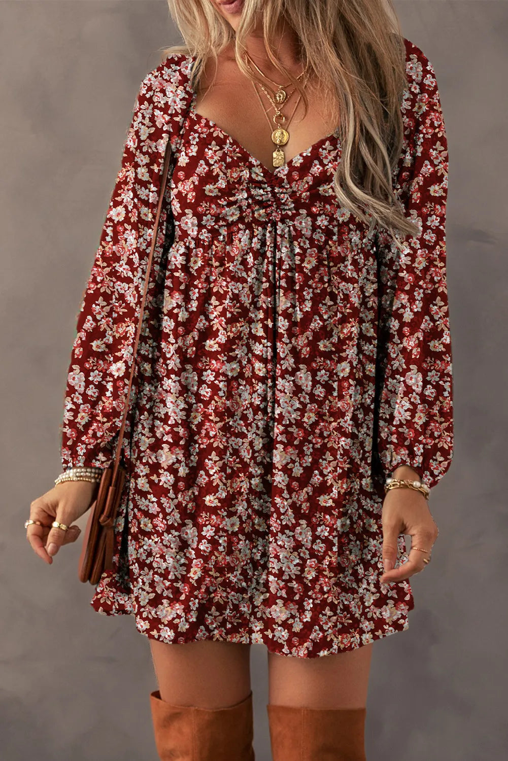 Ruched Printed Long Sleeve Mini Dress