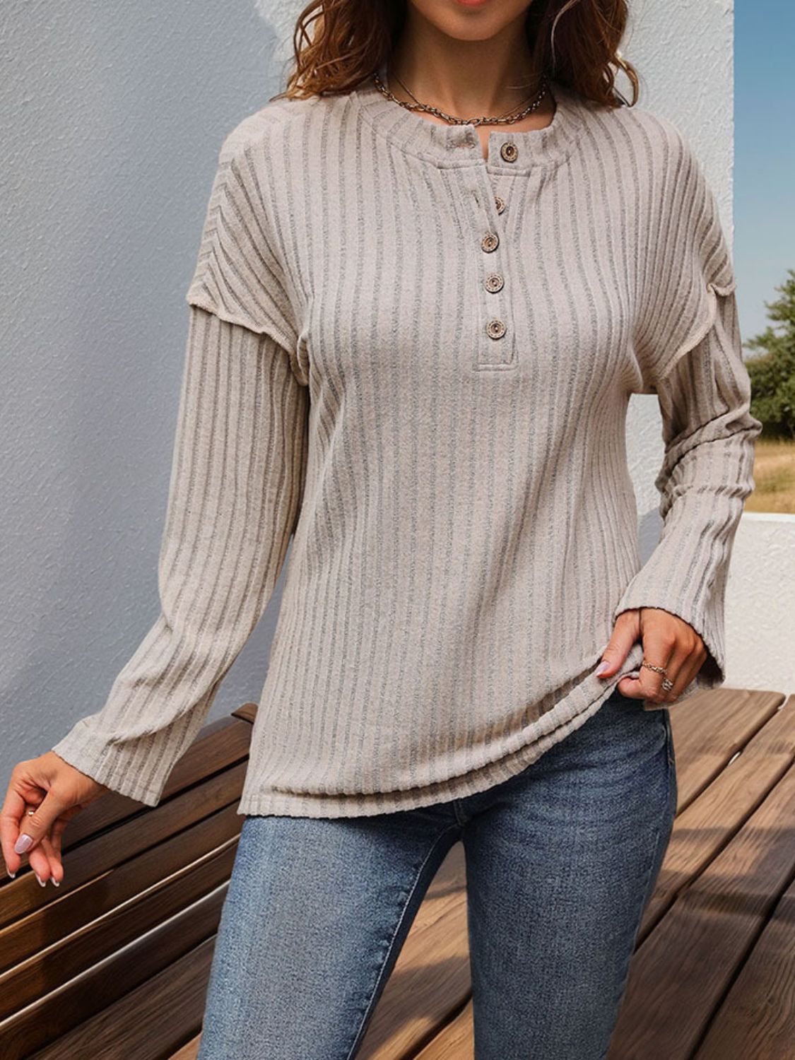 Slit Half Button Long Sleeve T-Shirt