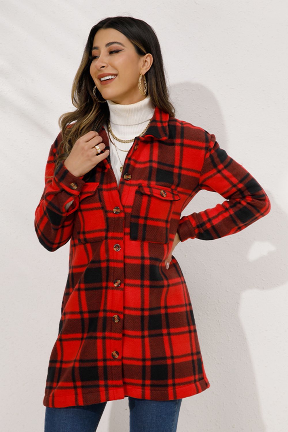 Shiny Plaid Collared Longline Coat