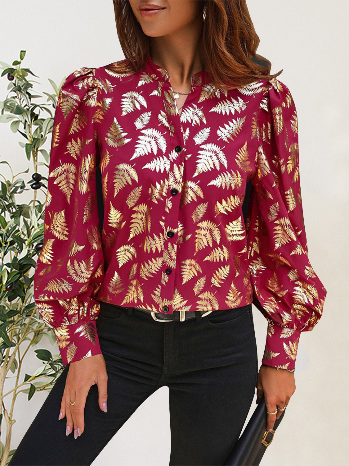 Printed Notched Long Sleeve Shirt