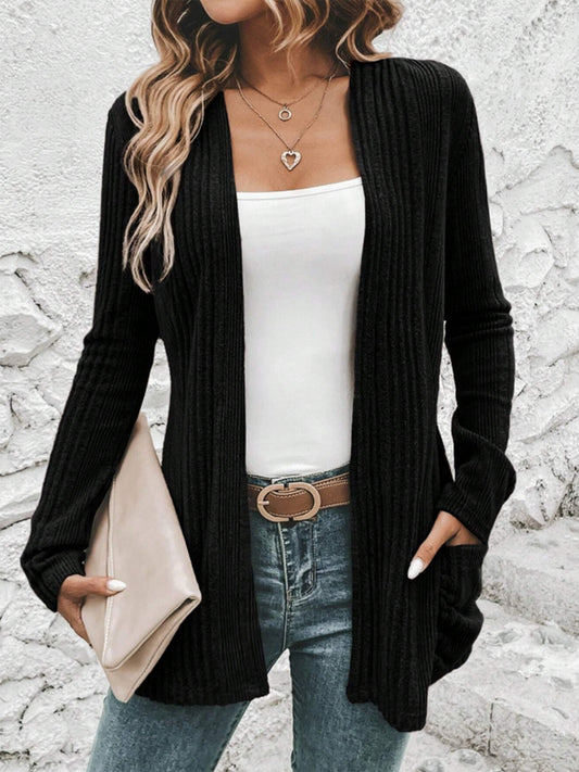 Pocketed Open Front Long Sleeve Cardigan