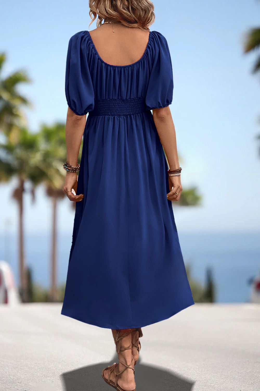 Square Neck Smocked Waist Puff Sleeve Midi Dress