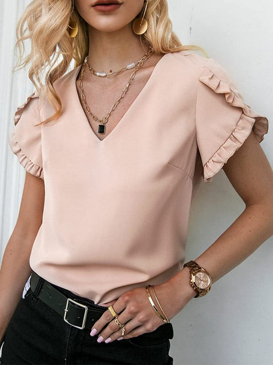 Frill V-Neck Short Sleeve Blouse