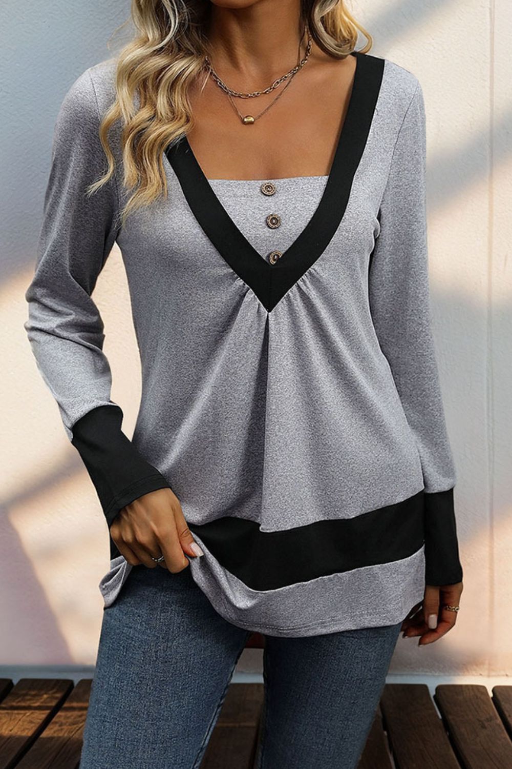 Perfee Contrast Long Sleeve T-Shirt