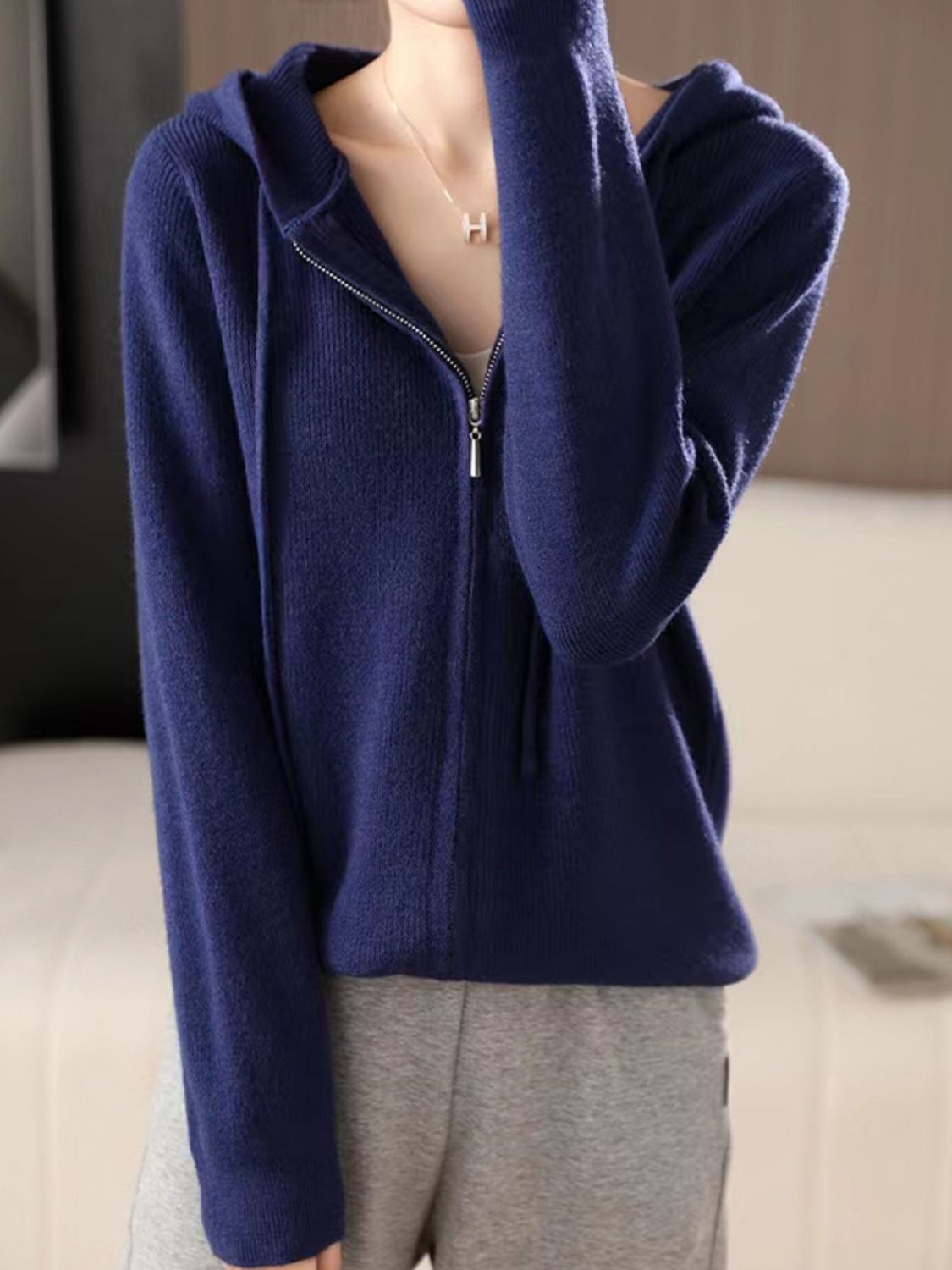 Drawstring Zip Up Long Sleeve Hooded Sweater