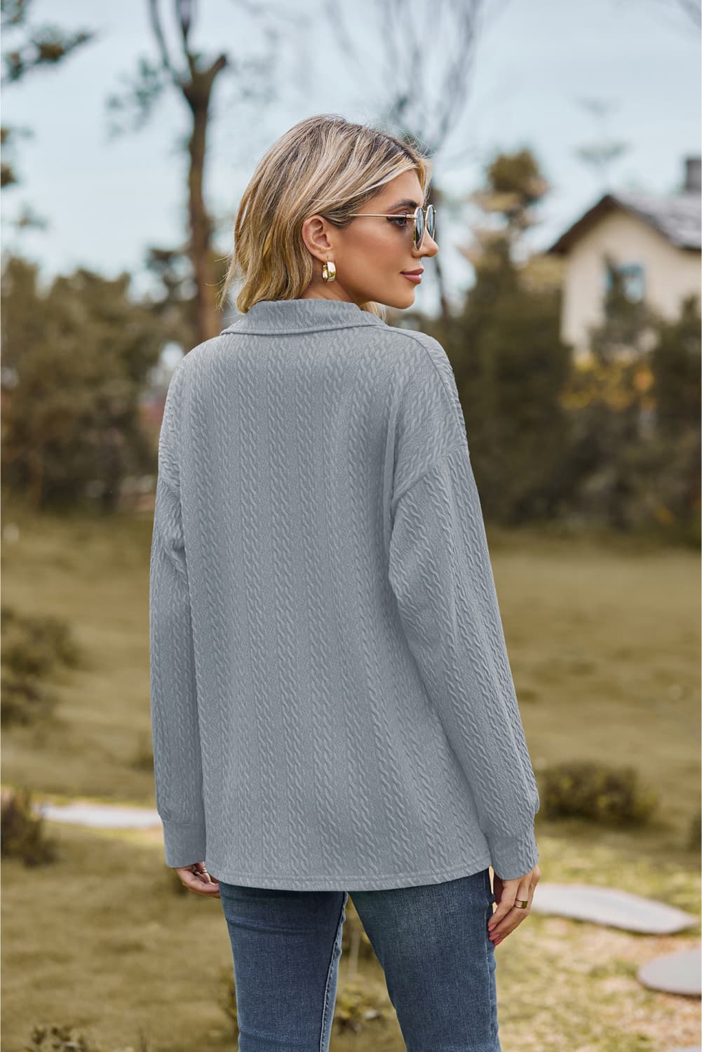 Collared Neck Cable-Knit Long Sleeve Blouse