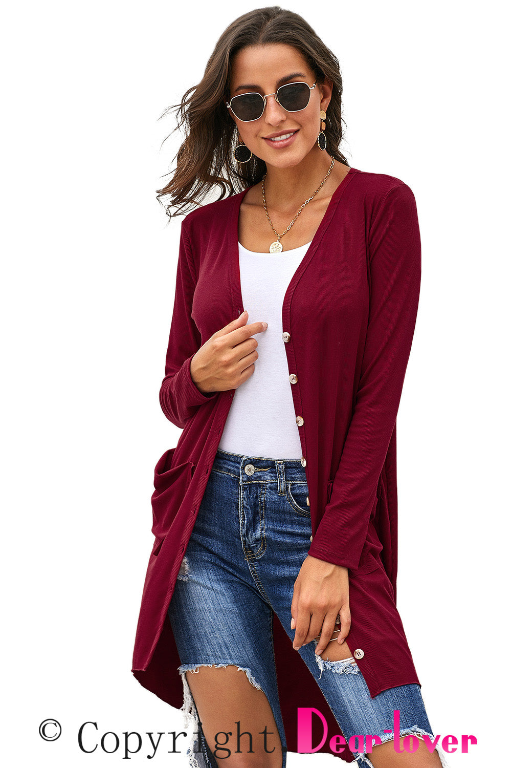 V-Neck Long Sleeve Cardigan with Pocket