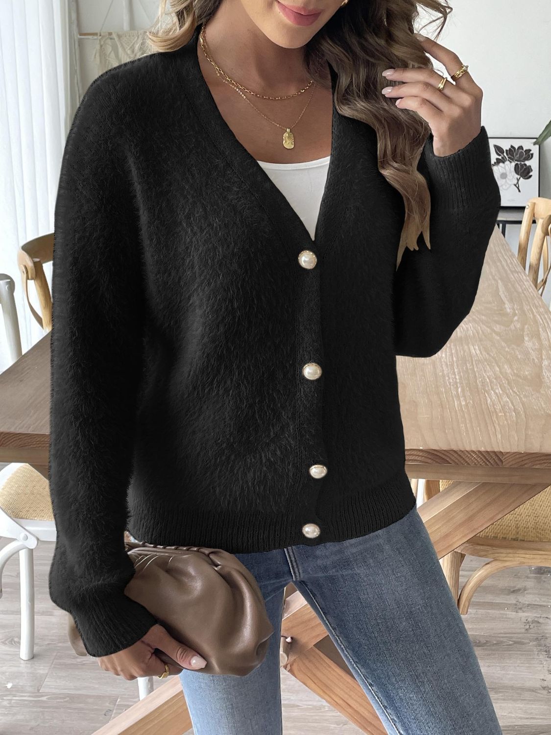 Button Up V-Neck Long Sleeve Cardigan