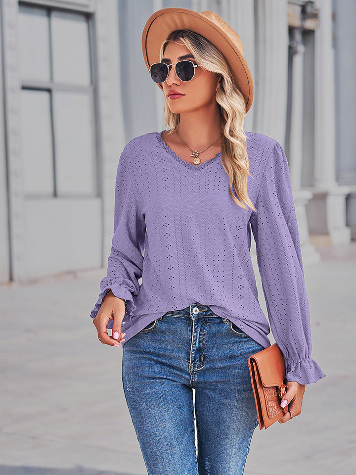 Eyelet V-Neck Flounce Sleeve Blouse