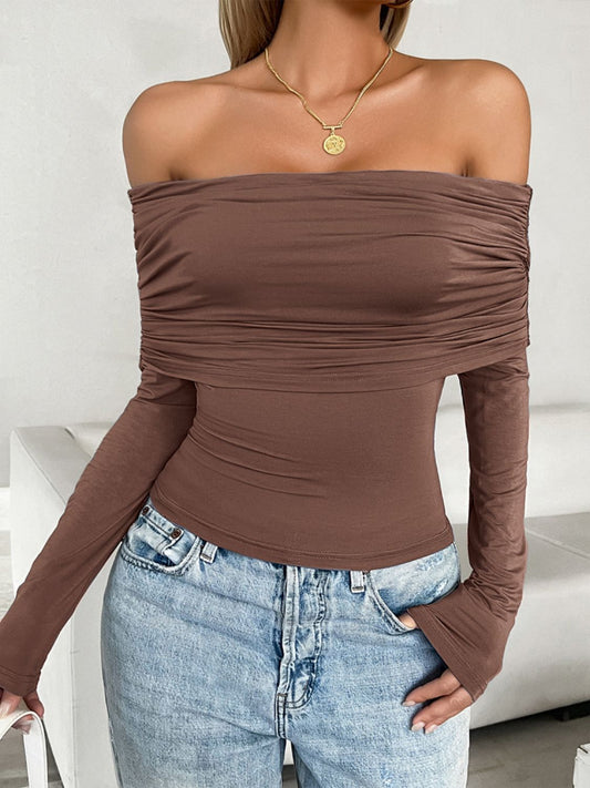 Ruched Off-Shoulder Long Sleeve T-Shirt