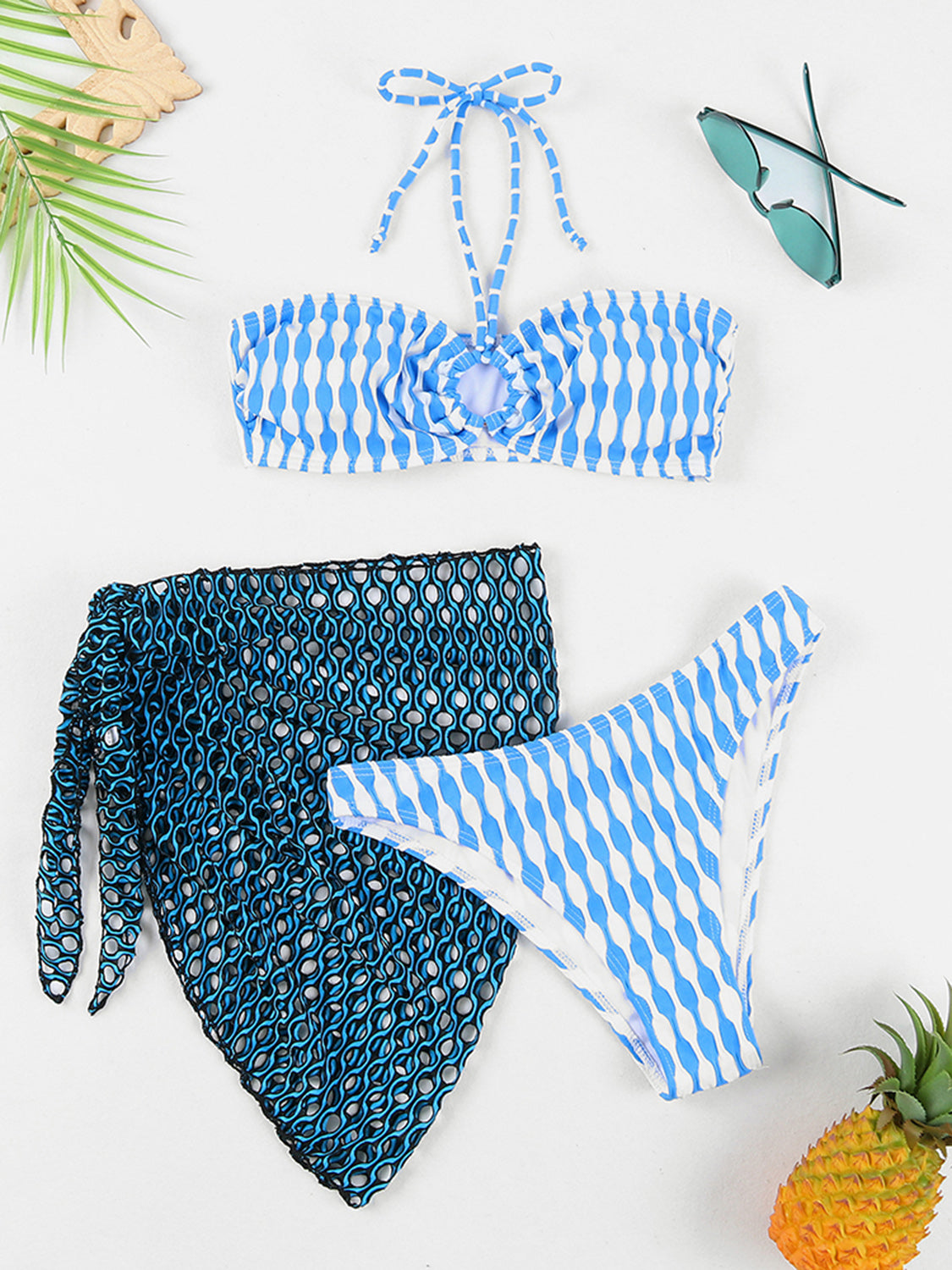 Geometric Halter Neck Three-Piece Swim Set