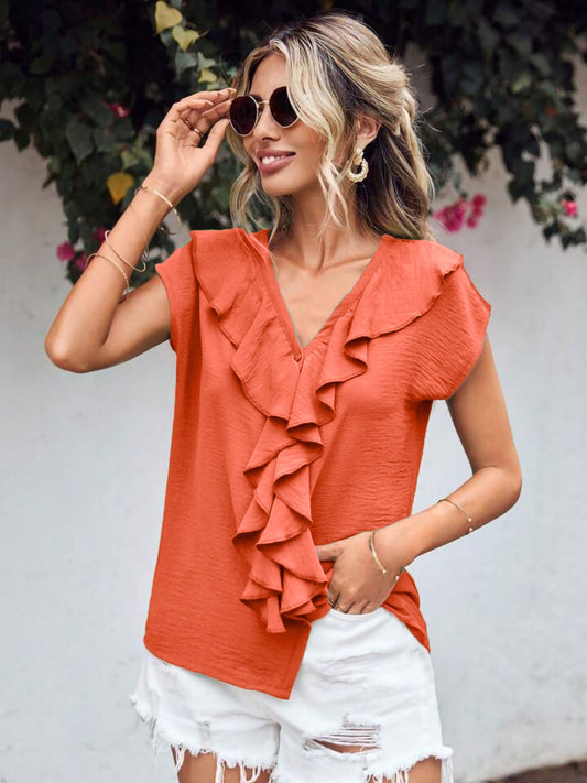 Ruffled V-Neck Short Sleeve Blouse