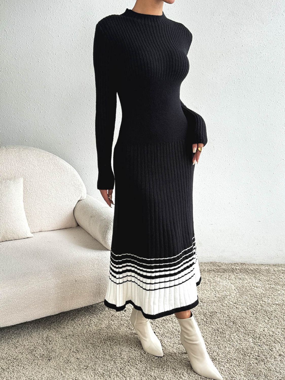 Contrast Mock Neck Long Sleeve Sweater Dress