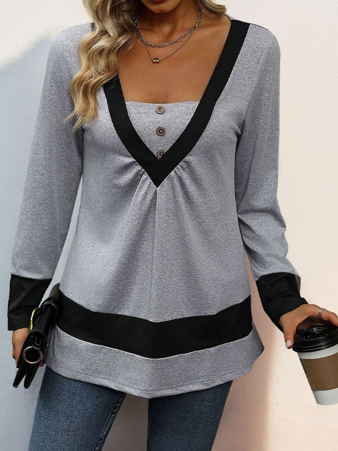 Perfee Contrast Long Sleeve T-Shirt