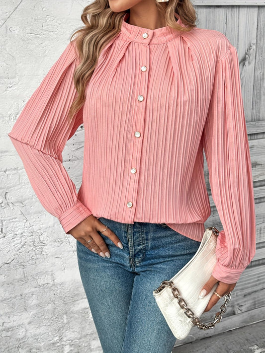 Button Down Mock Neck Long Sleeve Shirt