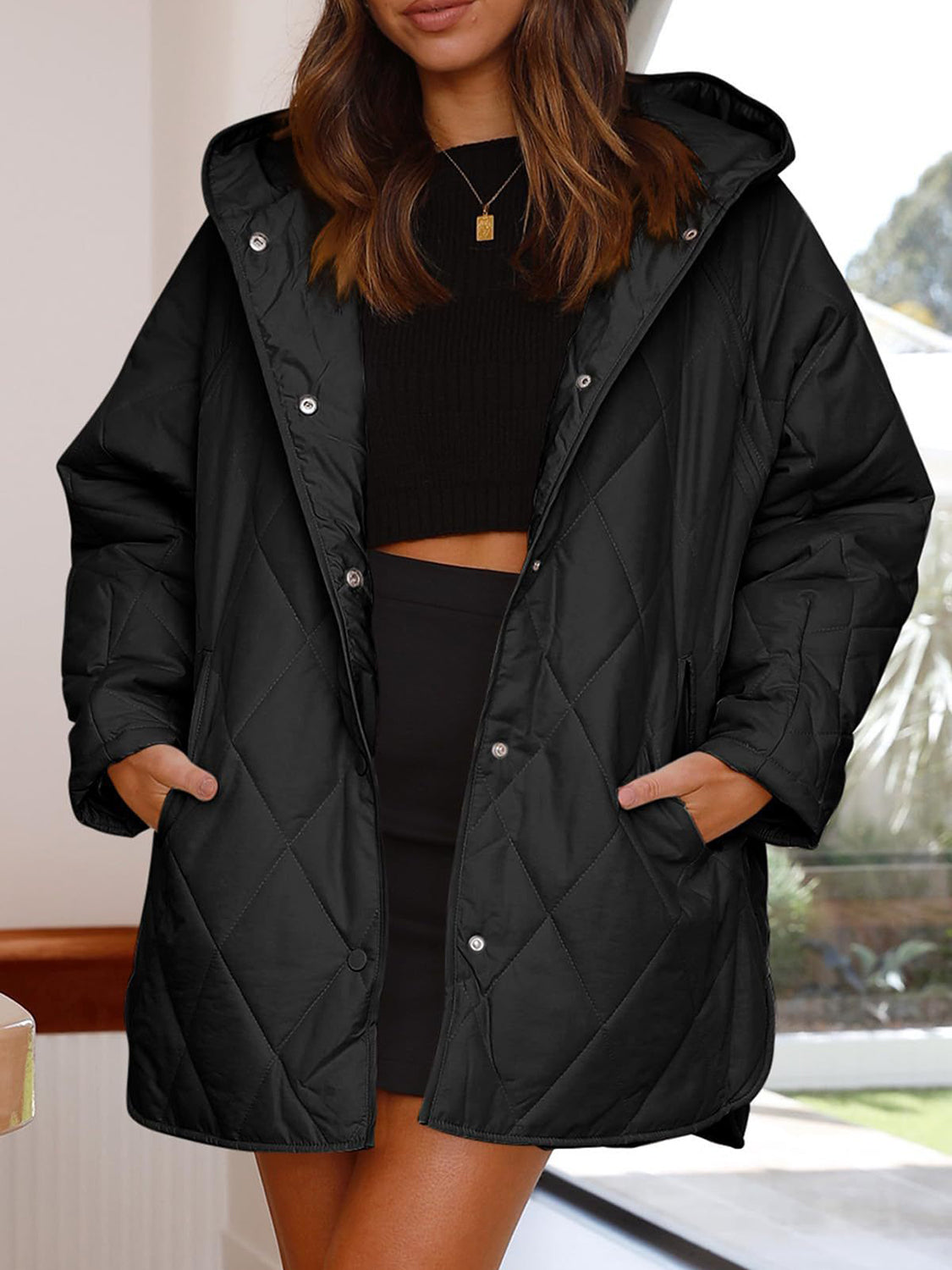 Slit Snap Down Long Sleeve Hooded Jacket