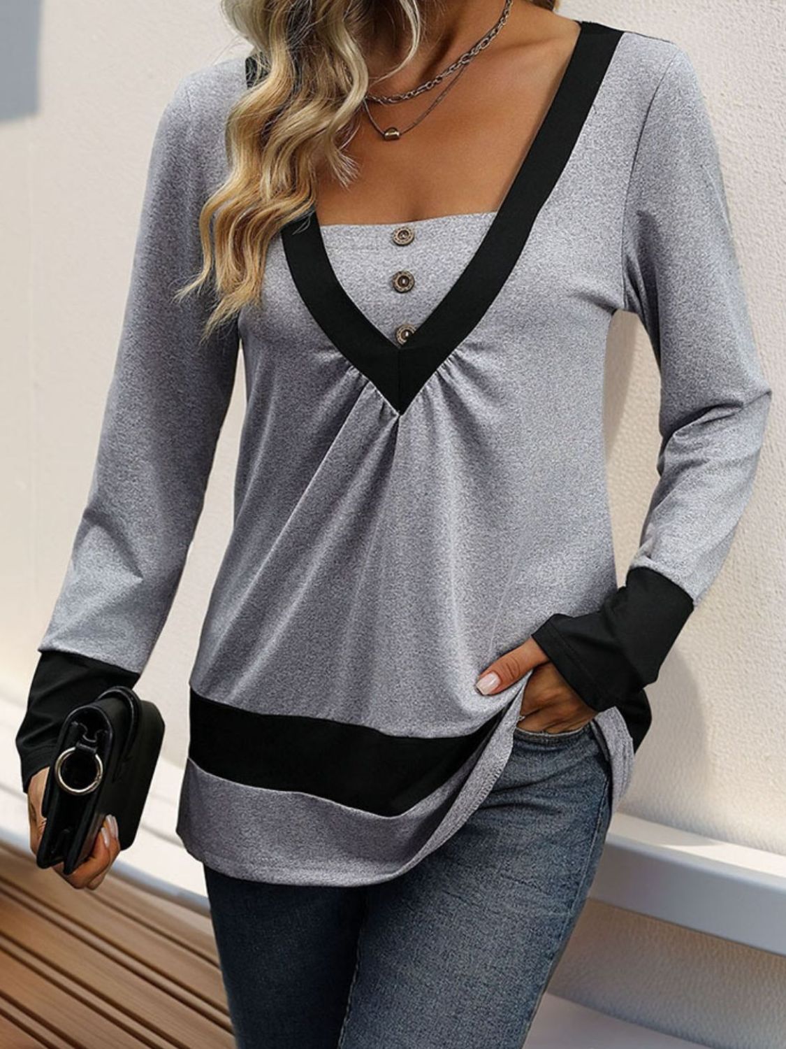 Perfee Contrast Long Sleeve T-Shirt