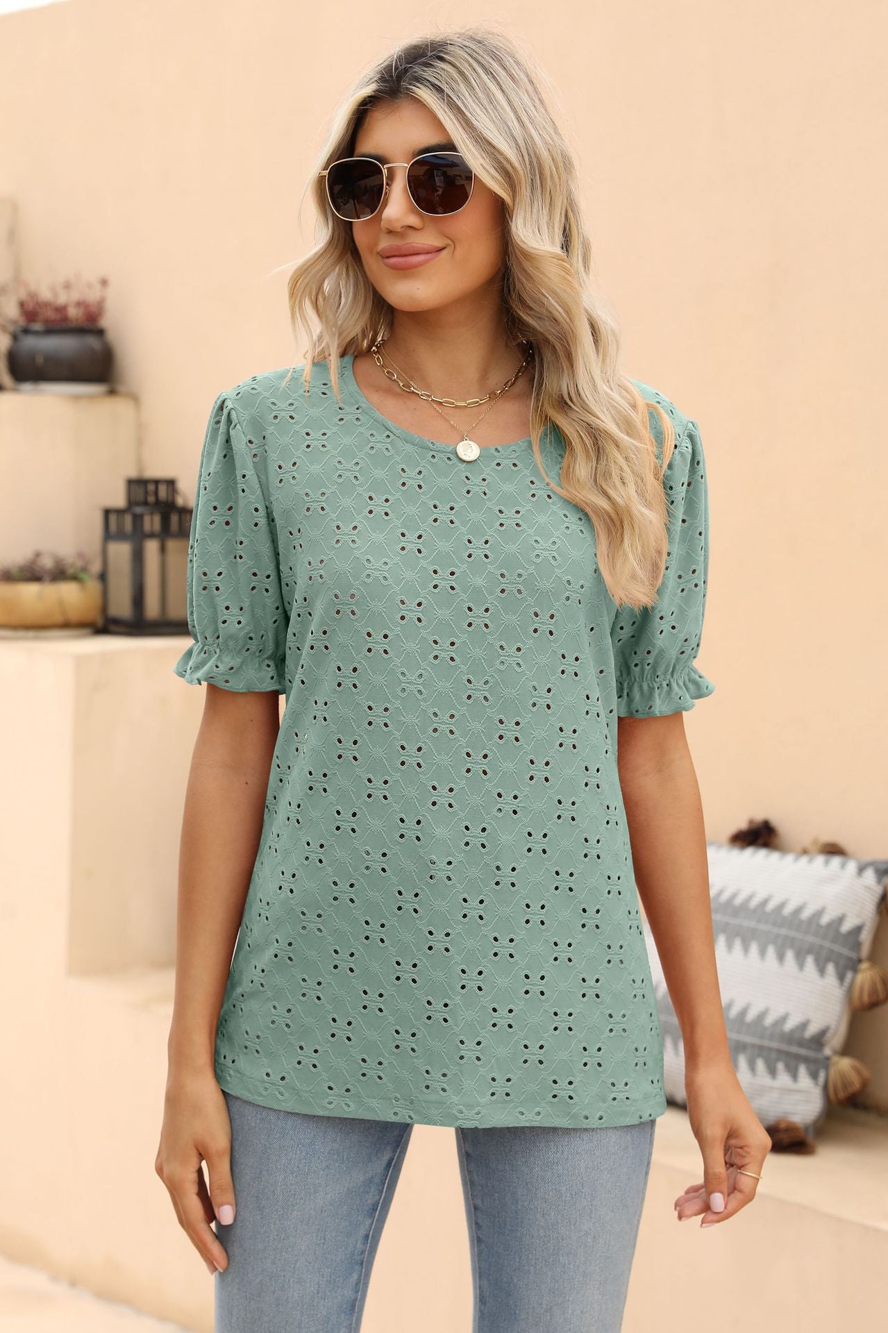 Openwork Round Neck Flounce Sleeve T-Shirt