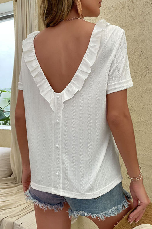 Round Neck Ruffled Short Sleeve Blouse