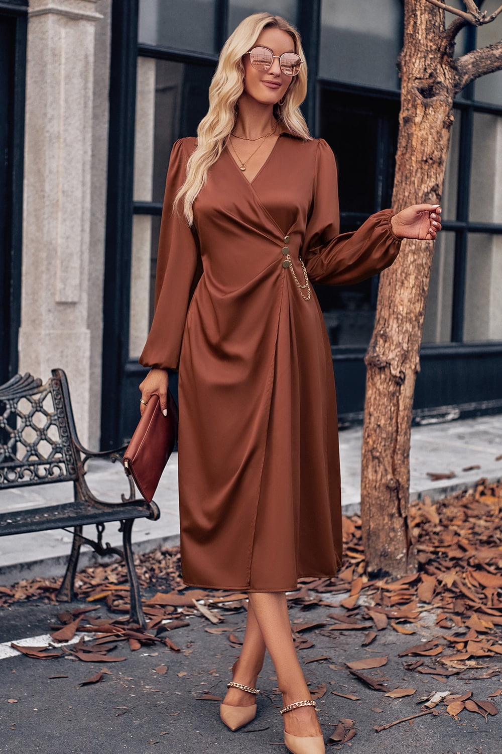 Surplice Neck Puff Sleeve Midi Dress