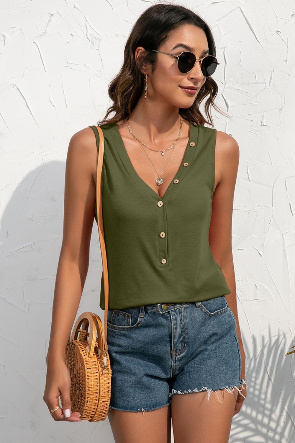 Buttoned Deep V Tank