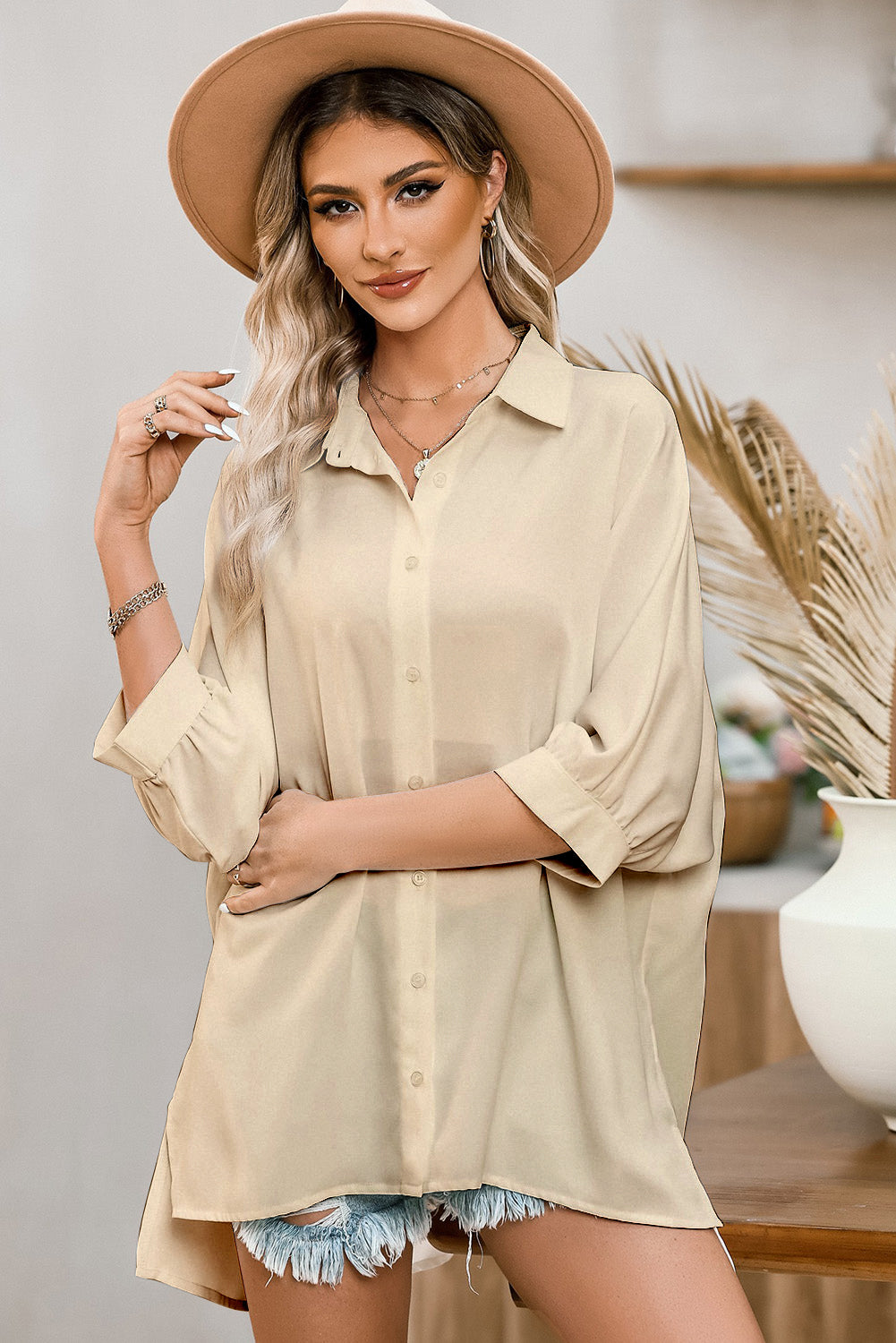 Three-Quarter Sleeve Slit Shirt