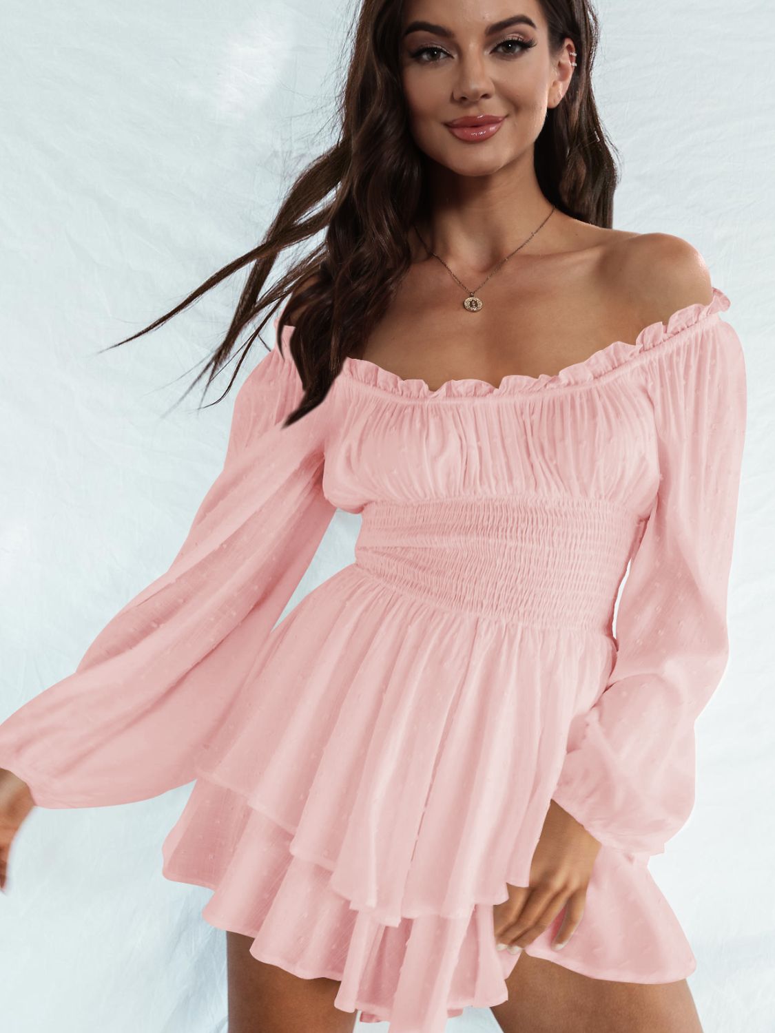 Off Shoulder Smocked Waist Mini Dress