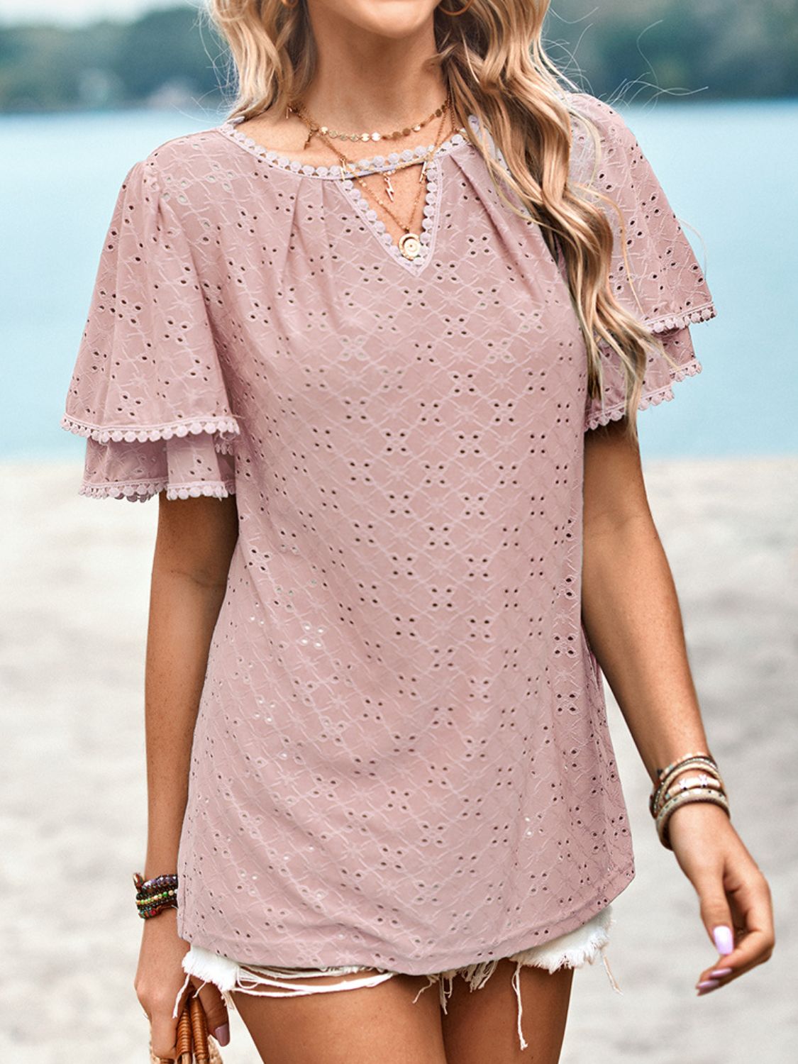 Eyelet Round Neck Puff Sleeve Blouse