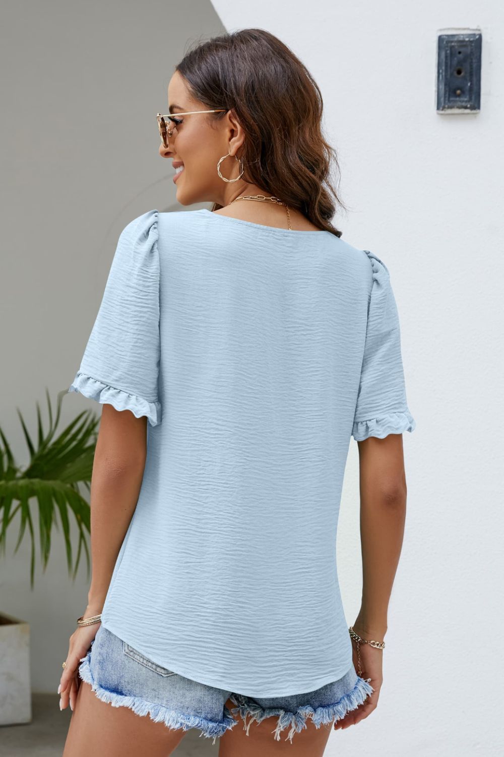 Frill Trim Puff Sleeve Square Neck Blouse