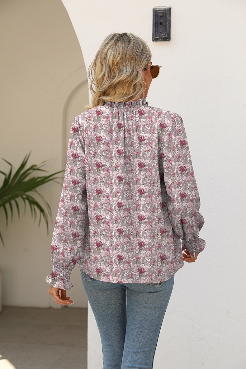 Printed Tie Neck Flounce Sleeve Blouse