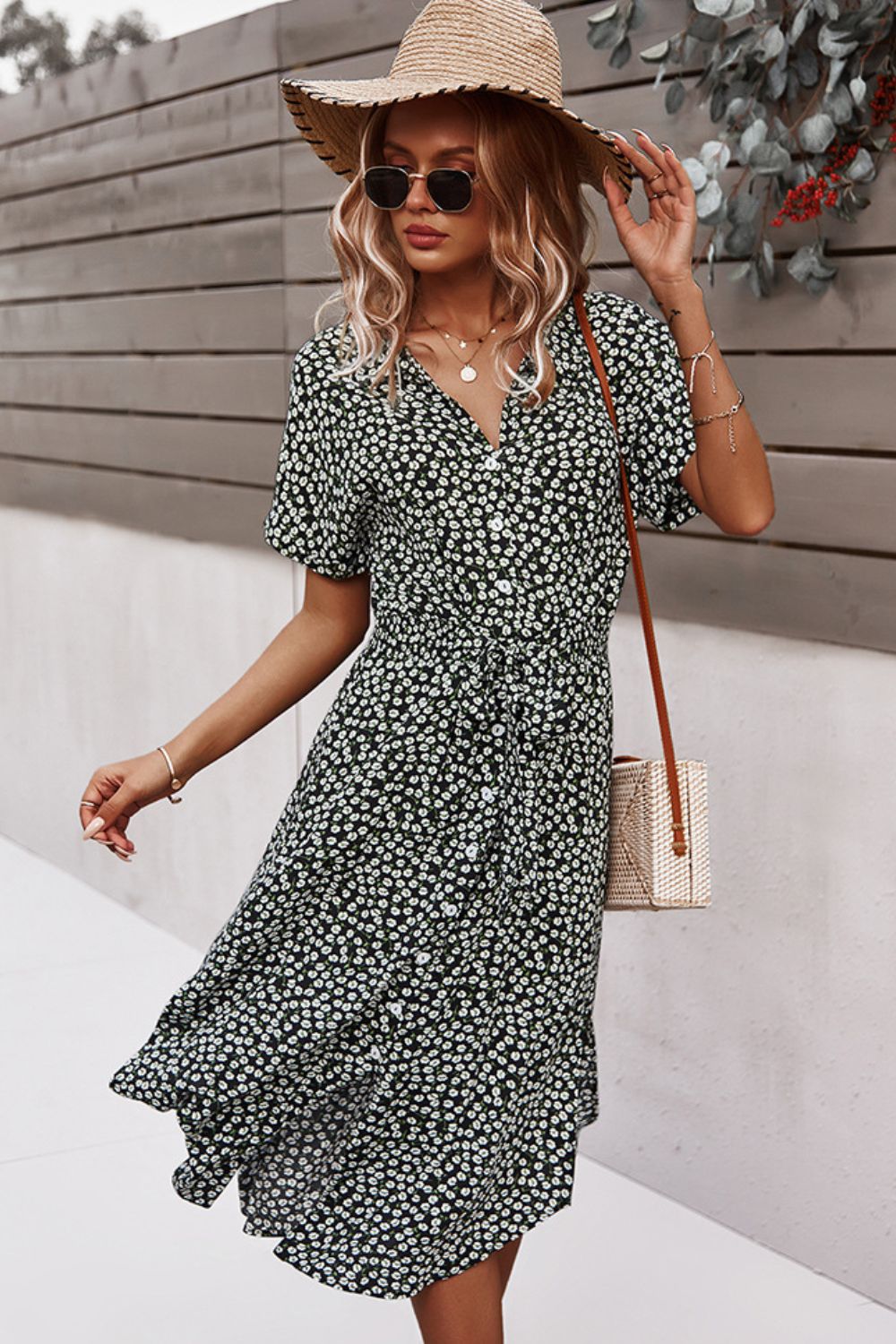 Floral Tie Front Slit Dress