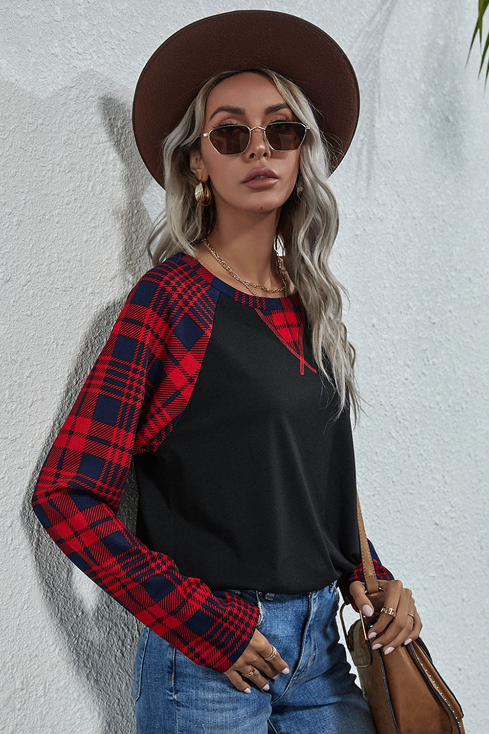 Plaid Print Long Raglan Sleeve Tee