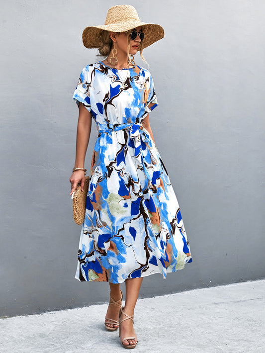 Round Neck Short Sleeve Tie Waist Midi Dress