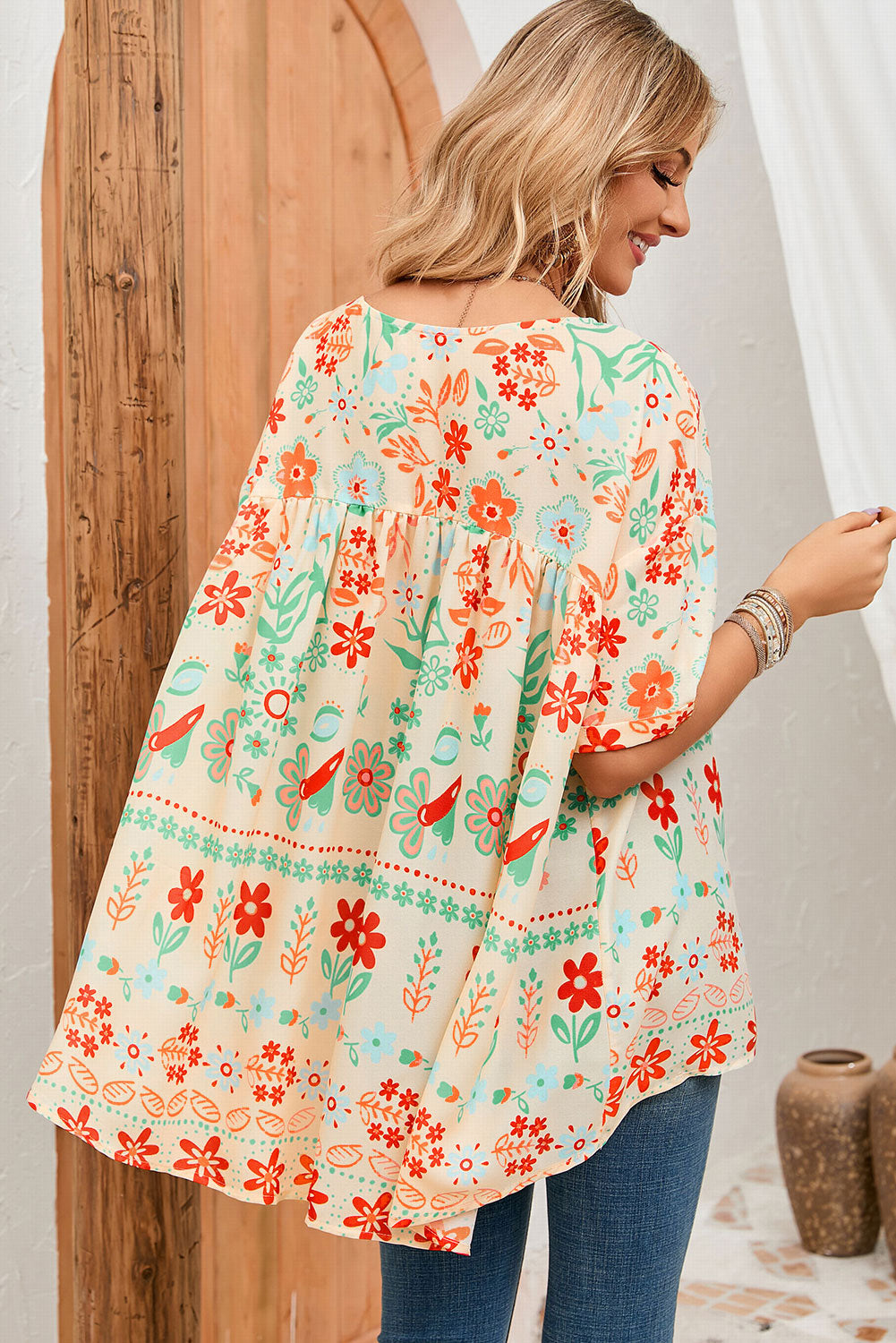 Floral Round Neck Babydoll Blouse