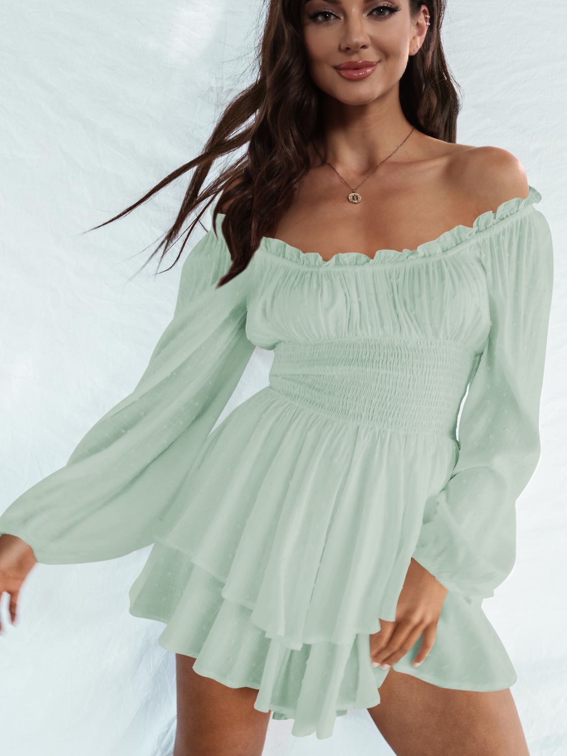 Off Shoulder Smocked Waist Mini Dress