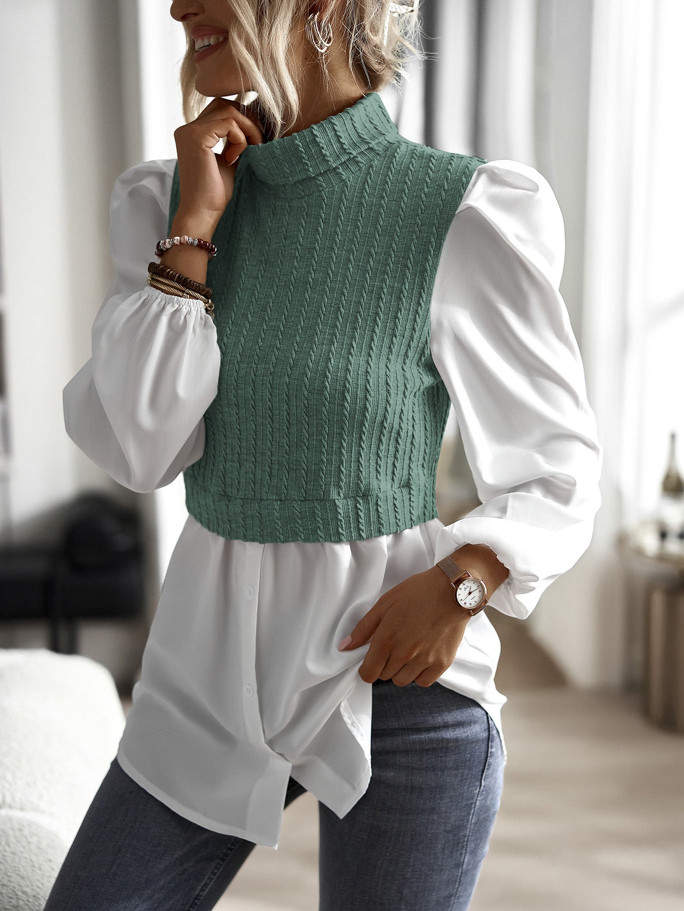 Contrast Cable-Knit Mock Neck Top