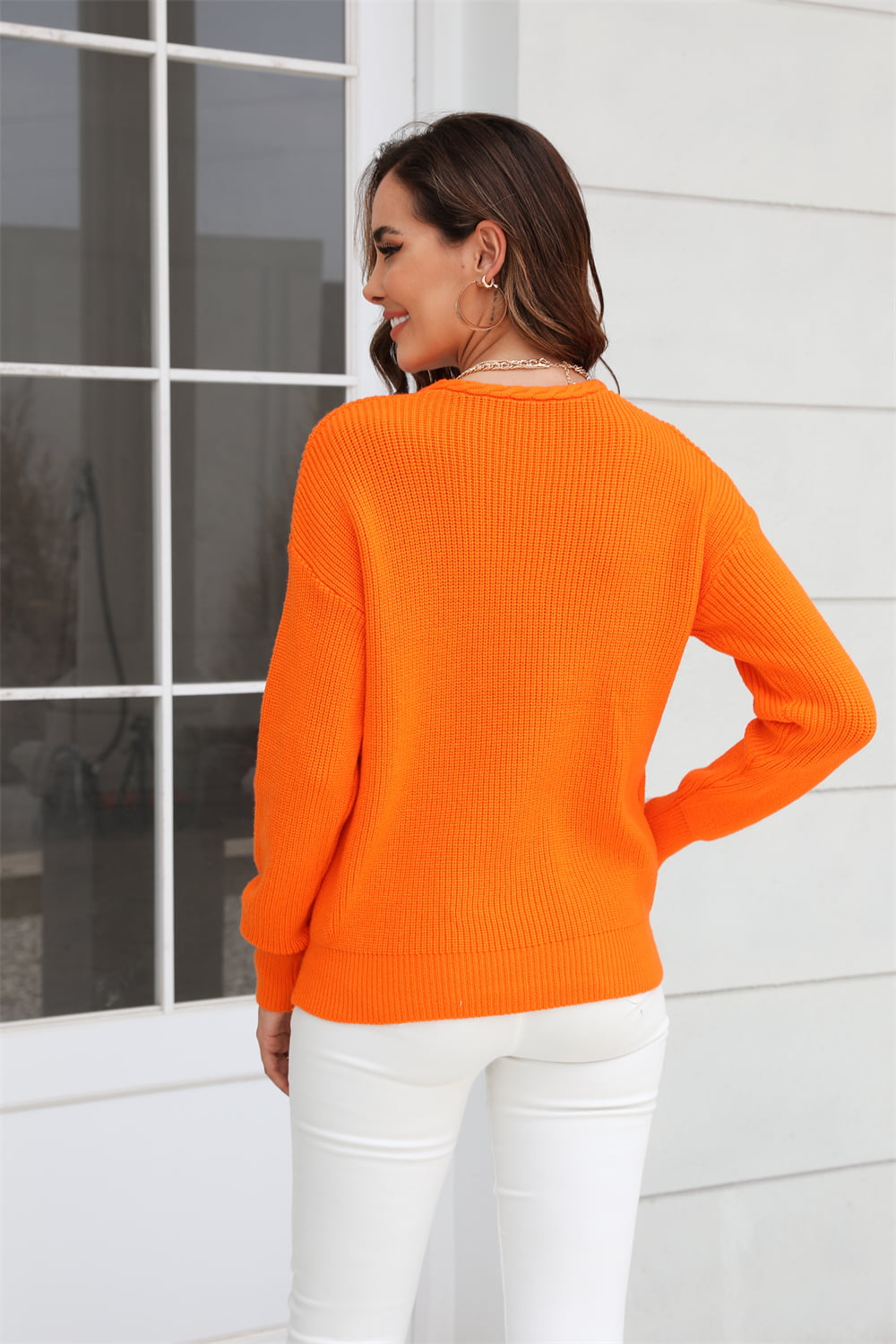 Ribbed V-Neck Dropped Shoulder Knit Top