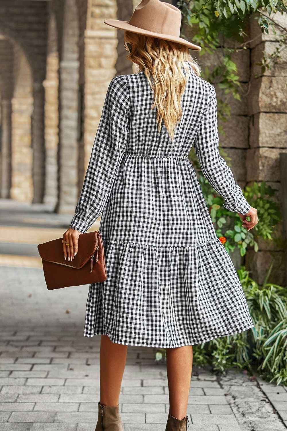 Collared Neck Long Sleeve Midi Dress