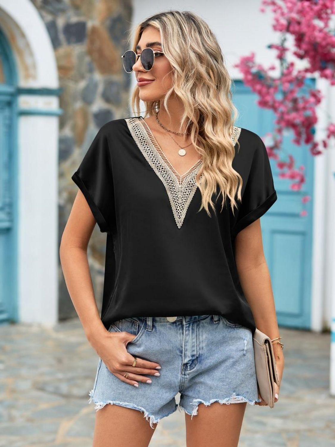 V-Neck Cuffed Blouse