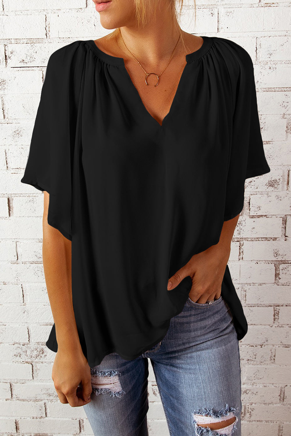 Gathered Detail Notched Neck Flutter Sleeve Top