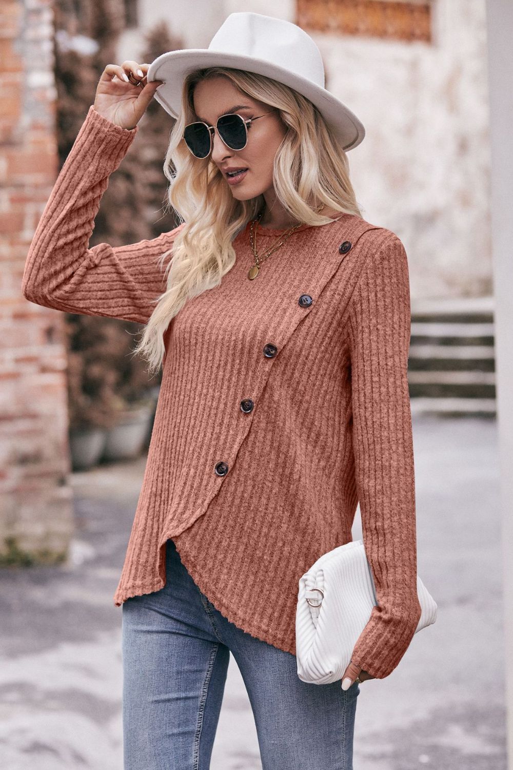 Ribbed Round Neck Buttoned Long Sleeve Tee