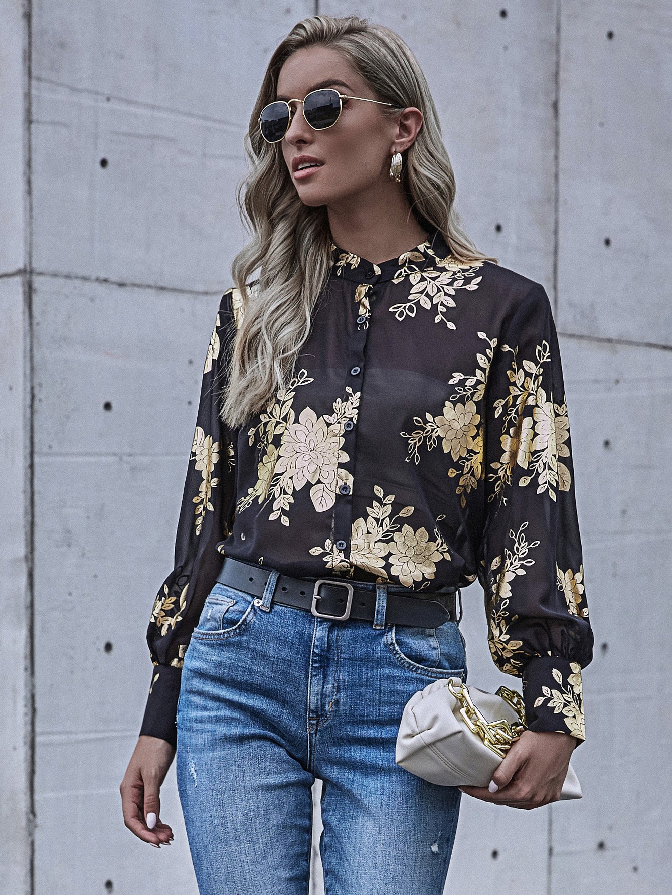 Floral Print Balloon Sleeve Shirt